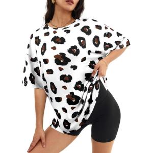 imageWomens Summer T Shirt Leopard Print Tops for Women Trendy Crewneck Short Sleeve Tshirt Cheetah Print Top Side SplitWhite