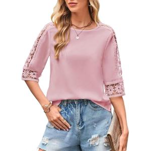 imageWomens Summer Tops Casual 34 Length Sleeve Crew Neck T Shirts HollowOut Splice Lace Tunic Tops Solid Color BlousePink