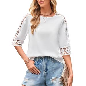 imageWomens Summer Tops Casual 34 Length Sleeve Crew Neck T Shirts HollowOut Splice Lace Tunic Tops Solid Color BlouseWhite