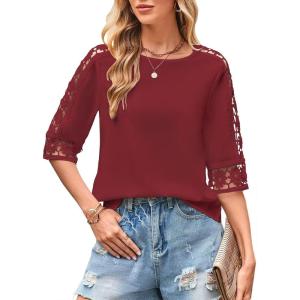 imageWomens Summer Tops Casual 34 Length Sleeve Crew Neck T Shirts HollowOut Splice Lace Tunic Tops Solid Color BlouseWine Red