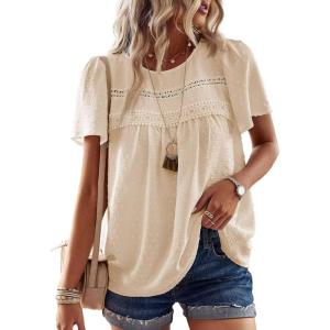 imageWomens Summer Tops Crewneck Short Sleeve Shirts Casual Chiffon Blouses Flowy Lace Hem Boho Clothing Trendy 2025Apricot