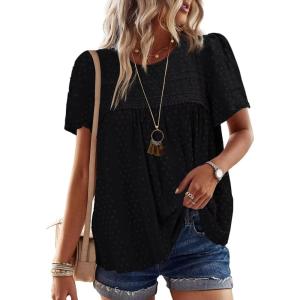 imageWomens Summer Tops Crewneck Short Sleeve Shirts Casual Chiffon Blouses Flowy Lace Hem Boho Clothing Trendy 2025Black