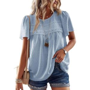 imageWomens Summer Tops Crewneck Short Sleeve Shirts Casual Chiffon Blouses Flowy Lace Hem Boho Clothing Trendy 2025Blue