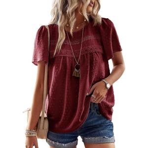 imageWomens Summer Tops Crewneck Short Sleeve Shirts Casual Chiffon Blouses Flowy Lace Hem Boho Clothing Trendy 2025Burgundy