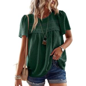 imageWomens Summer Tops Crewneck Short Sleeve Shirts Casual Chiffon Blouses Flowy Lace Hem Boho Clothing Trendy 2025Dark Green