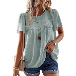 imageWomens Summer Tops Crewneck Short Sleeve Shirts Casual Chiffon Blouses Flowy Lace Hem Boho Clothing Trendy 2025Graygreen