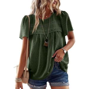 imageWomens Summer Tops Crewneck Short Sleeve Shirts Casual Chiffon Blouses Flowy Lace Hem Boho Clothing Trendy 2025Greengreen Dots