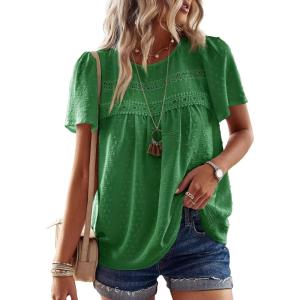 imageWomens Summer Tops Crewneck Short Sleeve Shirts Casual Chiffon Blouses Flowy Lace Hem Boho Clothing Trendy 2025Kelly Green