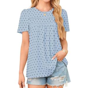 imageWomens Summer Tops Crewneck Short Sleeve Shirts Casual Chiffon Blouses Flowy Lace Hem Boho Clothing Trendy 2025Light Blueblack Dots