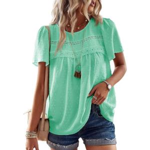 imageWomens Summer Tops Crewneck Short Sleeve Shirts Casual Chiffon Blouses Flowy Lace Hem Boho Clothing Trendy 2025Light Teal