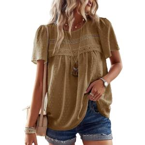 imageWomens Summer Tops Crewneck Short Sleeve Shirts Casual Chiffon Blouses Flowy Lace Hem Boho Clothing Trendy 2025Mocha