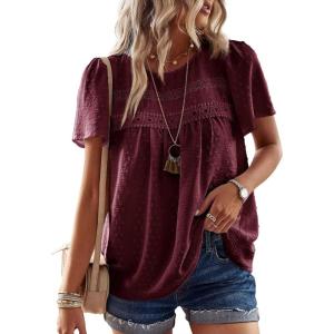 imageWomens Summer Tops Crewneck Short Sleeve Shirts Casual Chiffon Blouses Flowy Lace Hem Boho Clothing Trendy 2025Mulberry