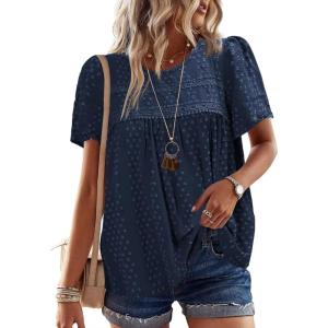 imageWomens Summer Tops Crewneck Short Sleeve Shirts Casual Chiffon Blouses Flowy Lace Hem Boho Clothing Trendy 2025Navy Blue