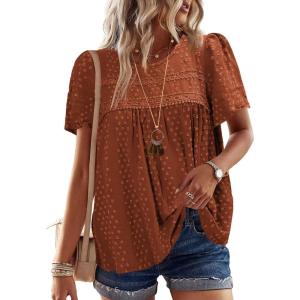 imageWomens Summer Tops Crewneck Short Sleeve Shirts Casual Chiffon Blouses Flowy Lace Hem Boho Clothing Trendy 2025Orange