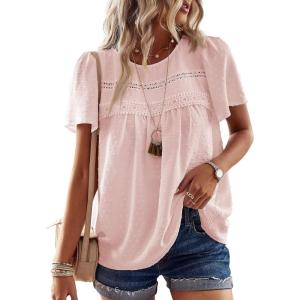 imageWomens Summer Tops Crewneck Short Sleeve Shirts Casual Chiffon Blouses Flowy Lace Hem Boho Clothing Trendy 2025Pink1