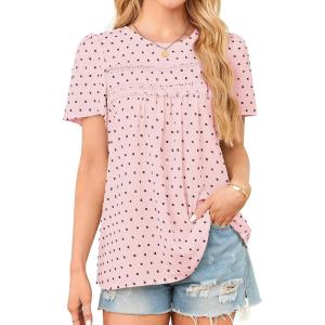 imageWomens Summer Tops Crewneck Short Sleeve Shirts Casual Chiffon Blouses Flowy Lace Hem Boho Clothing Trendy 2025Pinkblack Dots