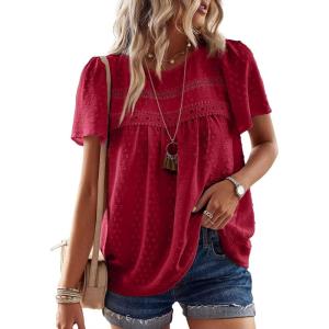 imageWomens Summer Tops Crewneck Short Sleeve Shirts Casual Chiffon Blouses Flowy Lace Hem Boho Clothing Trendy 2025Red