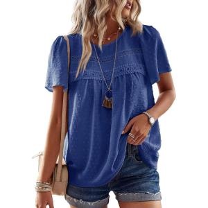 imageWomens Summer Tops Crewneck Short Sleeve Shirts Casual Chiffon Blouses Flowy Lace Hem Boho Clothing Trendy 2025Royal Blue