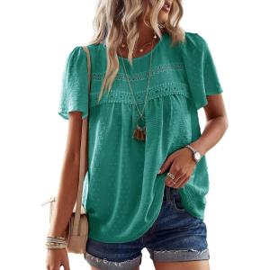imageWomens Summer Tops Crewneck Short Sleeve Shirts Casual Chiffon Blouses Flowy Lace Hem Boho Clothing Trendy 2025Turquoise