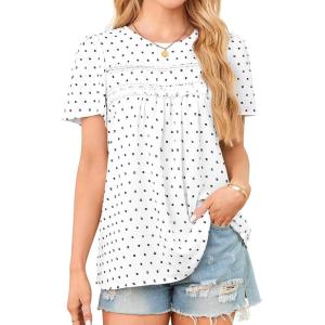 imageWomens Summer Tops Crewneck Short Sleeve Shirts Casual Chiffon Blouses Flowy Lace Hem Boho Clothing Trendy 2025Whiteblack Dots