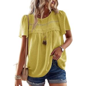 imageWomens Summer Tops Crewneck Short Sleeve Shirts Casual Chiffon Blouses Flowy Lace Hem Boho Clothing Trendy 2025Yellow1