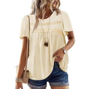 imageWomens Summer Tops Crewneck Short Sleeve Striped Shirts Casual Ribbed Blouses Flowy Hem Boho Clothing 2025Apricot
