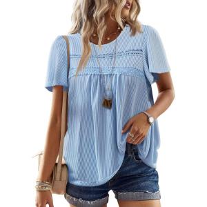 imageWomens Summer Tops Crewneck Short Sleeve Striped Shirts Casual Ribbed Blouses Flowy Hem Boho Clothing 2025Blue