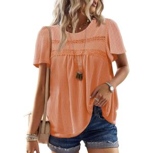 imageWomens Summer Tops Crewneck Short Sleeve Striped Shirts Casual Ribbed Blouses Flowy Hem Boho Clothing 2025Bright Orange