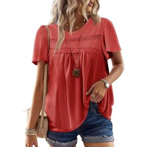 imageWomens Summer Tops Crewneck Short Sleeve Striped Shirts Casual Ribbed Blouses Flowy Hem Boho Clothing 2025Bright Red