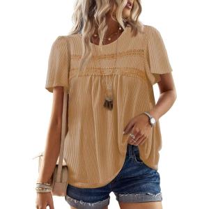 imageWomens Summer Tops Crewneck Short Sleeve Striped Shirts Casual Ribbed Blouses Flowy Hem Boho Clothing 2025Brown
