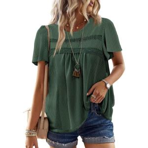imageWomens Summer Tops Crewneck Short Sleeve Striped Shirts Casual Ribbed Blouses Flowy Hem Boho Clothing 2025Dark Green