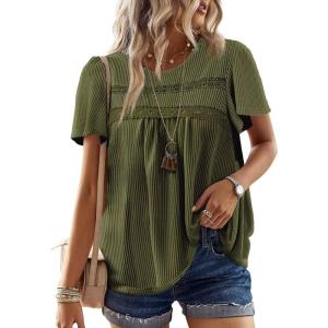 imageWomens Summer Tops Crewneck Short Sleeve Striped Shirts Casual Ribbed Blouses Flowy Hem Boho Clothing 2025Green