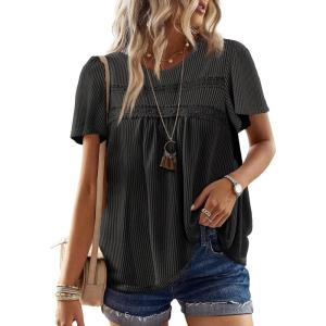 imageWomens Summer Tops Crewneck Short Sleeve Striped Shirts Casual Ribbed Blouses Flowy Hem Boho Clothing 2025Grey Black