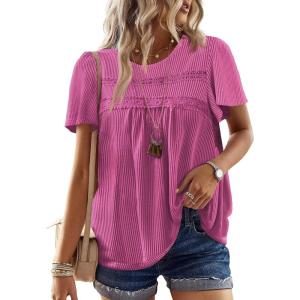 imageWomens Summer Tops Crewneck Short Sleeve Striped Shirts Casual Ribbed Blouses Flowy Hem Boho Clothing 2025Hot Pink