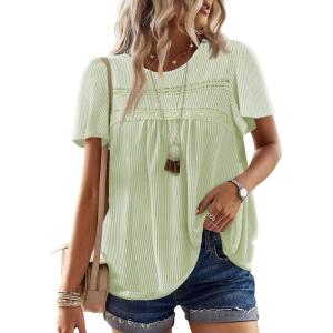 imageWomens Summer Tops Crewneck Short Sleeve Striped Shirts Casual Ribbed Blouses Flowy Hem Boho Clothing 2025Light Green