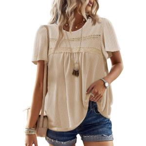 imageWomens Summer Tops Crewneck Short Sleeve Striped Shirts Casual Ribbed Blouses Flowy Hem Boho Clothing 2025Mocha