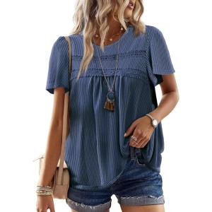 imageWomens Summer Tops Crewneck Short Sleeve Striped Shirts Casual Ribbed Blouses Flowy Hem Boho Clothing 2025Navy Blue