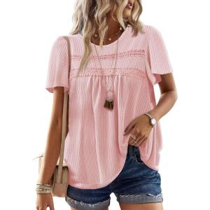 imageWomens Summer Tops Crewneck Short Sleeve Striped Shirts Casual Ribbed Blouses Flowy Hem Boho Clothing 2025Pink