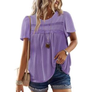 imageWomens Summer Tops Crewneck Short Sleeve Striped Shirts Casual Ribbed Blouses Flowy Hem Boho Clothing 2025Purple