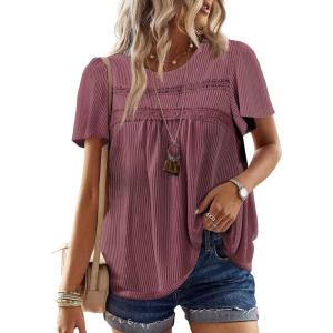 imageWomens Summer Tops Crewneck Short Sleeve Striped Shirts Casual Ribbed Blouses Flowy Hem Boho Clothing 2025Red