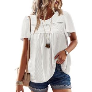 imageWomens Summer Tops Crewneck Short Sleeve Striped Shirts Casual Ribbed Blouses Flowy Hem Boho Clothing 2025White