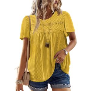 imageWomens Summer Tops Crewneck Short Sleeve Striped Shirts Casual Ribbed Blouses Flowy Hem Boho Clothing 2025Yellow