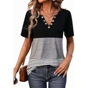 imageWomens Summer Tops V Neck Short Sleeves T Shirt Color Block Patchwork Stripe Tunic Top with Retro Button DecorationBlack  Grey