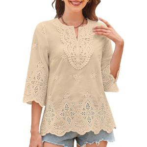 imageWomens Tops 34 Length Sleeve Eyelet Blouse Peasant Flowy Boho Top Hollow Out Embroidered Notch V Neck ShirtsApricot