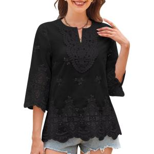 imageWomens Tops 34 Length Sleeve Eyelet Blouse Peasant Flowy Boho Top Hollow Out Embroidered Notch V Neck ShirtsBlack