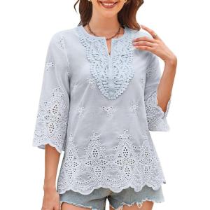 imageWomens Tops 34 Length Sleeve Eyelet Blouse Peasant Flowy Boho Top Hollow Out Embroidered Notch V Neck ShirtsBlue