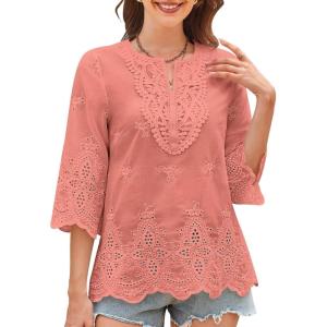 imageWomens Tops 34 Length Sleeve Eyelet Blouse Peasant Flowy Boho Top Hollow Out Embroidered Notch V Neck ShirtsCoral