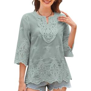imageWomens Tops 34 Length Sleeve Eyelet Blouse Peasant Flowy Boho Top Hollow Out Embroidered Notch V Neck ShirtsGreen