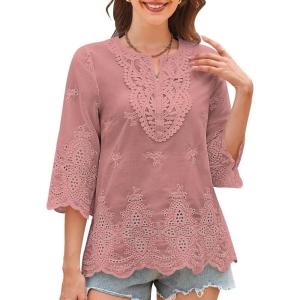 imageWomens Tops 34 Length Sleeve Eyelet Blouse Peasant Flowy Boho Top Hollow Out Embroidered Notch V Neck ShirtsPink
