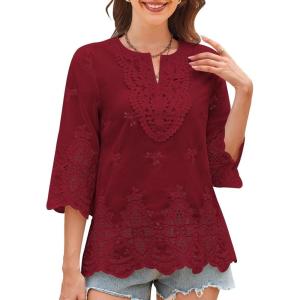 imageWomens Tops 34 Length Sleeve Eyelet Blouse Peasant Flowy Boho Top Hollow Out Embroidered Notch V Neck ShirtsRed